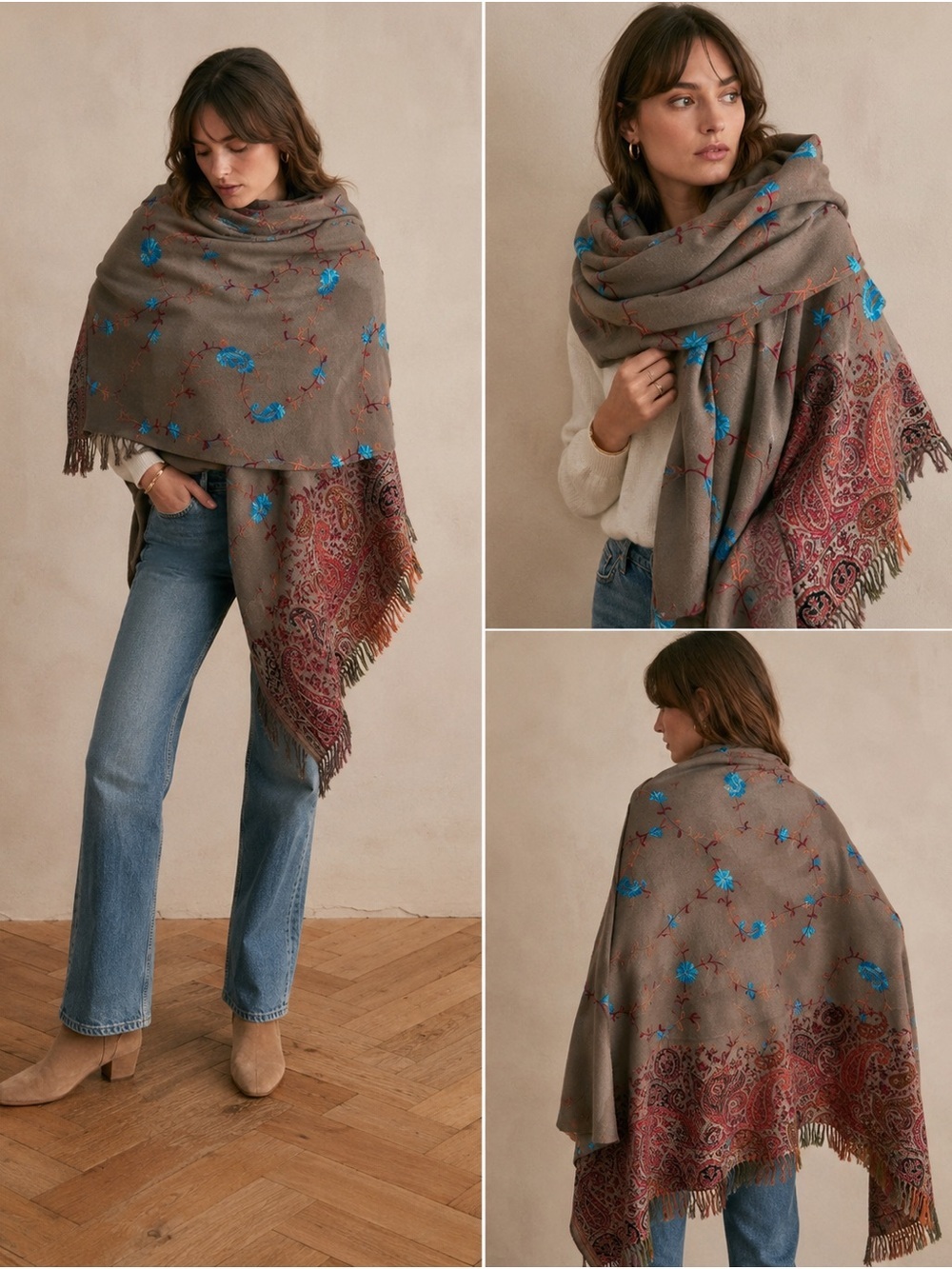 Tapestry style Shawl Wrap with Blue Floral and Burgundy Paisley